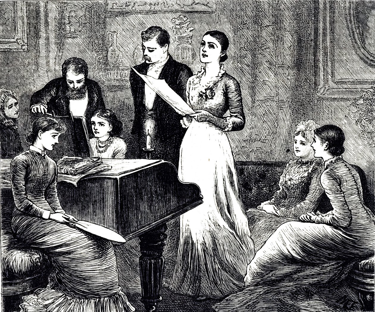 Gravure représentant une soirée musicale. Illustrée par Mary Ellen Edwards (1838-1934) une artiste et illustratrice anglaise de livres pour enfants - Mary Ellen Edwards