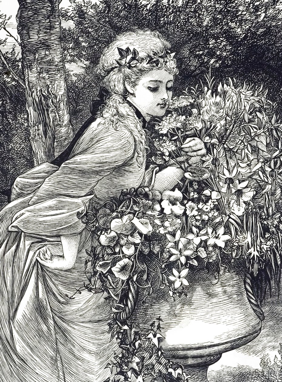 Gravure représentant une jeune fille sentant des fleurs dans une urne de jardin. Illustrée par Mary Ellen Edwards - Mary Ellen Edwards