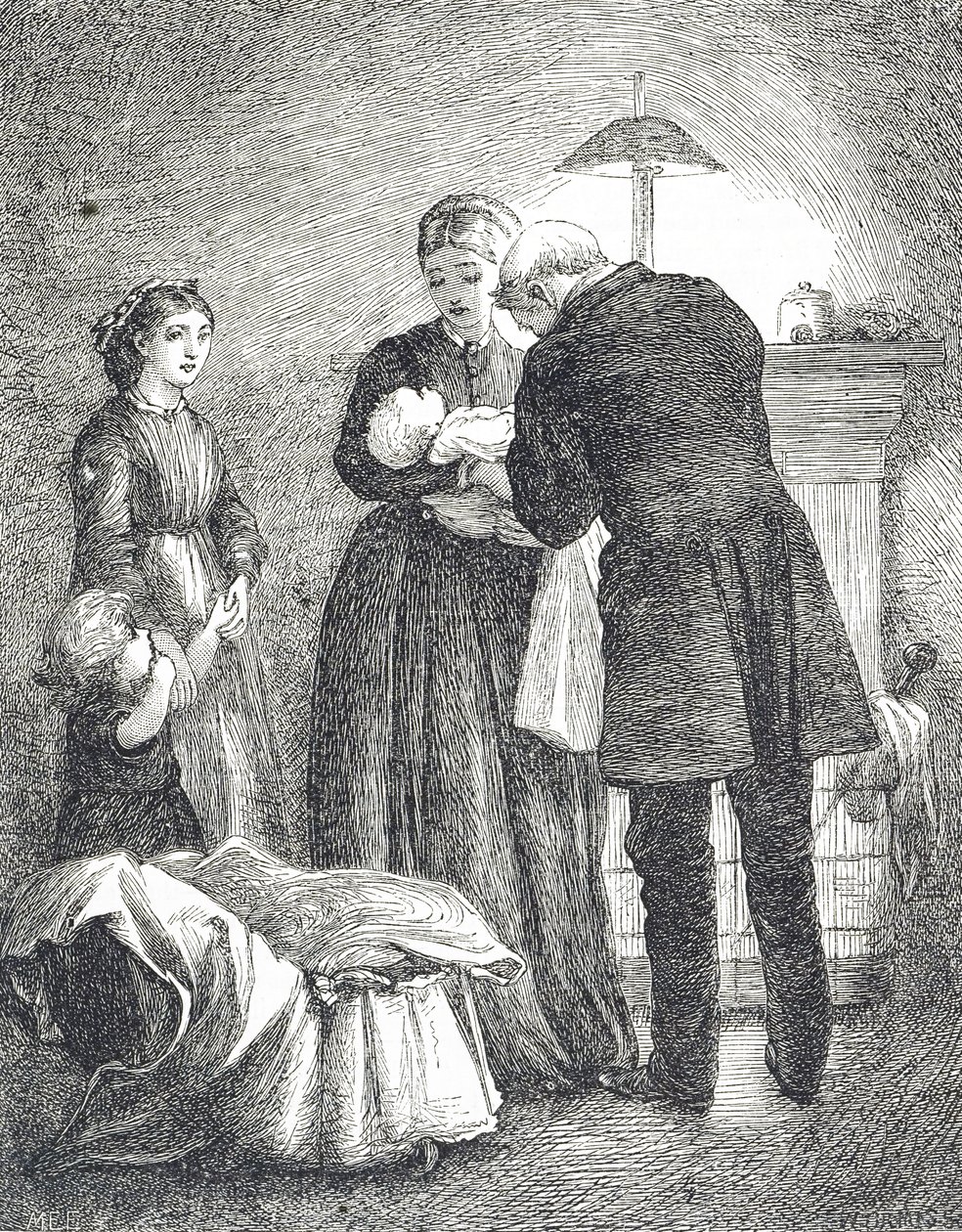 Gravure représentant un médecin examinant un bébé atteint de la rougeole - Mary Ellen Edwards