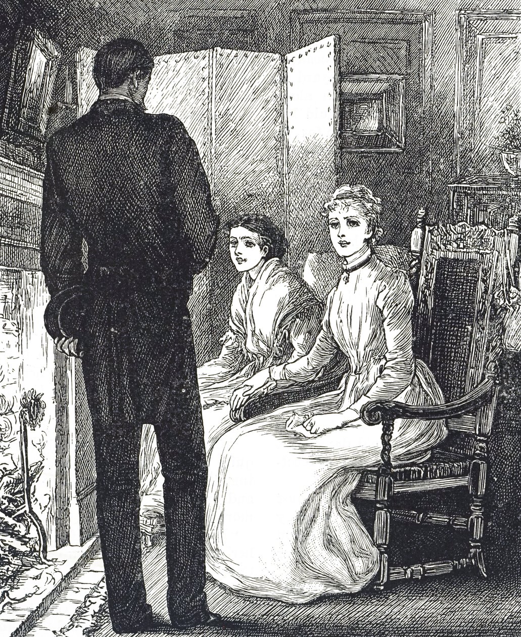 Gravure représentant deux femmes se réchauffant près de la cheminée - Mary Ellen Edwards