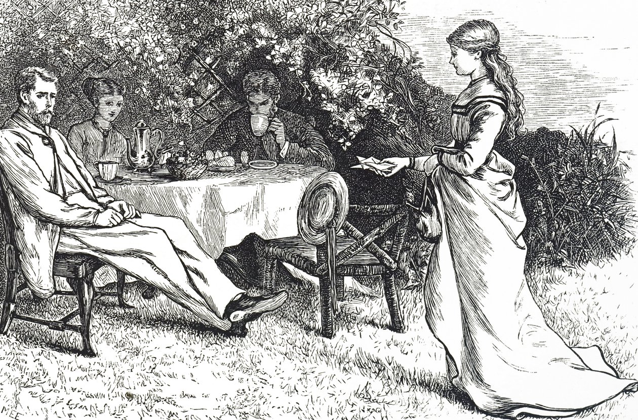Illustration représentant une famille prenant le petit déjeuner dans le jardin - Mary Ellen Edwards