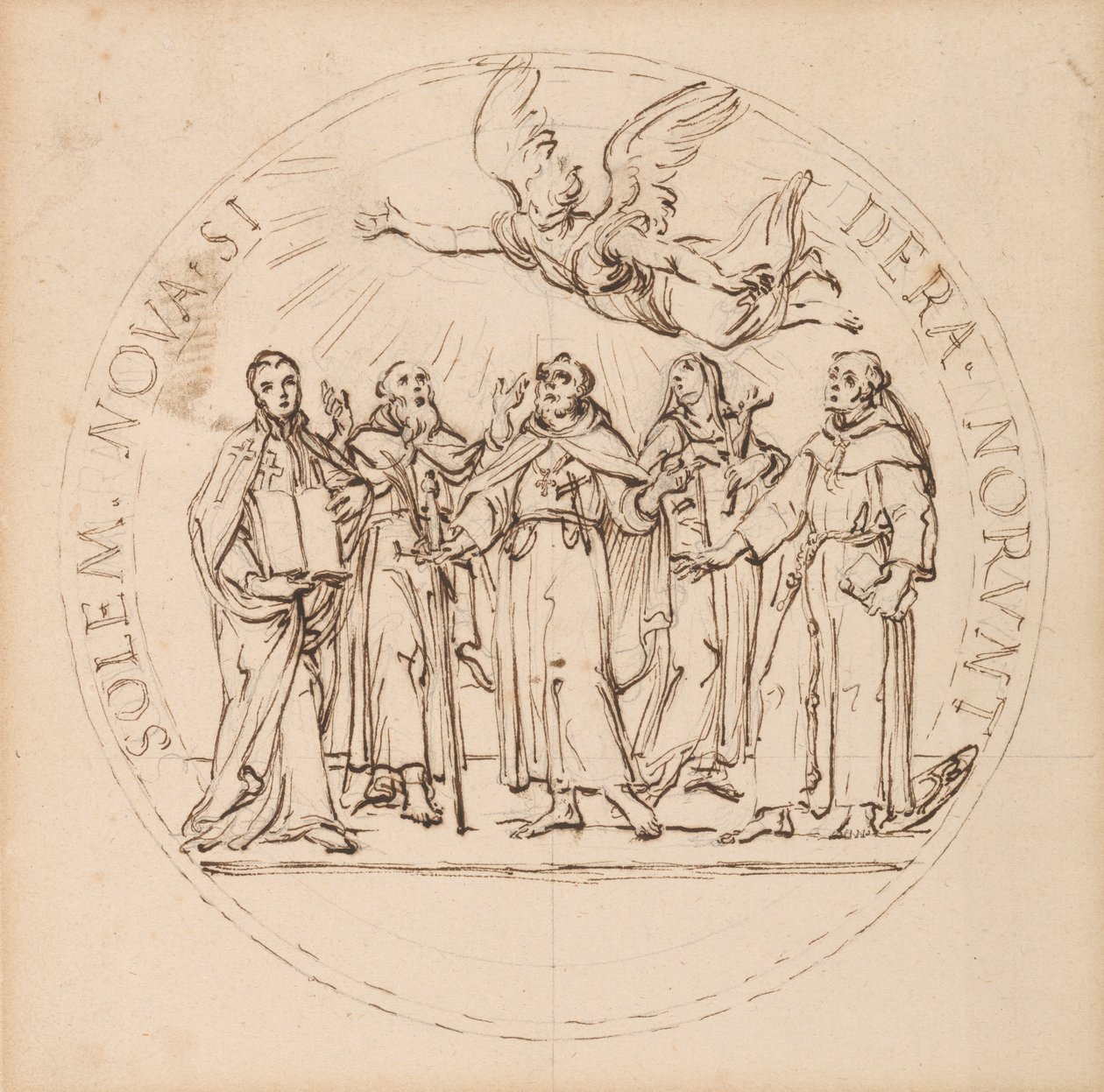 Conception pour un médaillon papal pour la canonisation par Clément X de Saint Pie, Saint Gaetano dei Conti di Thiene, Saint François Borgia, S. J., Saint Louis Bertrand, O.P., et Sainte Marguerite (reine) d