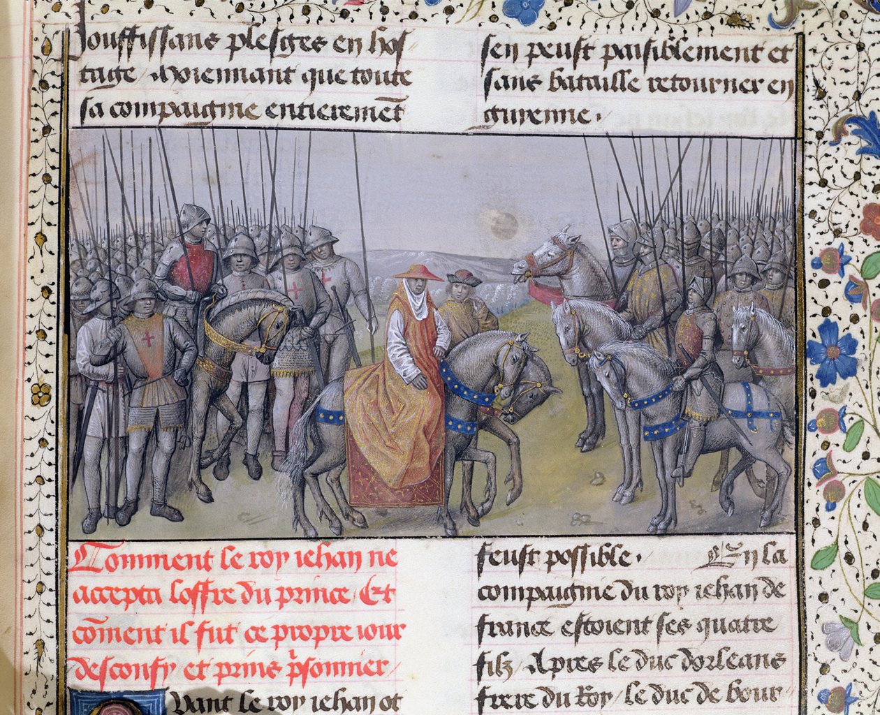 Ms 659 f.267 r. Jean II le Bon capturé par les Anglais à la bataille de Poitiers, 1356 - Master of Mary of Burgundy