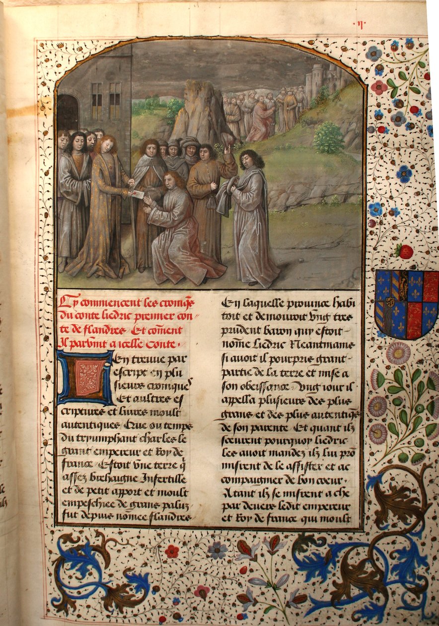 Ms 659 fol.2r Charlemagne nomme le Premier Comte de Flandre, 1477 - Master of Mary of Burgundy