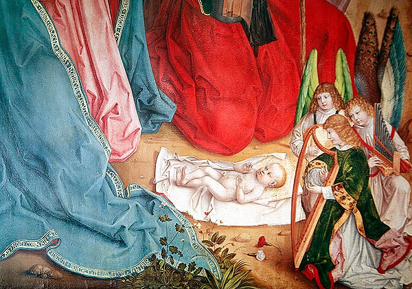 (détail) Adoration des bergers, panneau de gauche du retable sur le maître-autel, 1480 - Master of the Carnation