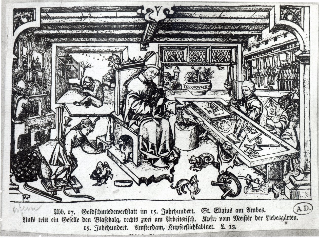 Saint Éloi (vers 588-660) en orfèvre dans son atelier, vers 1450 - Master of the Gardens of Love