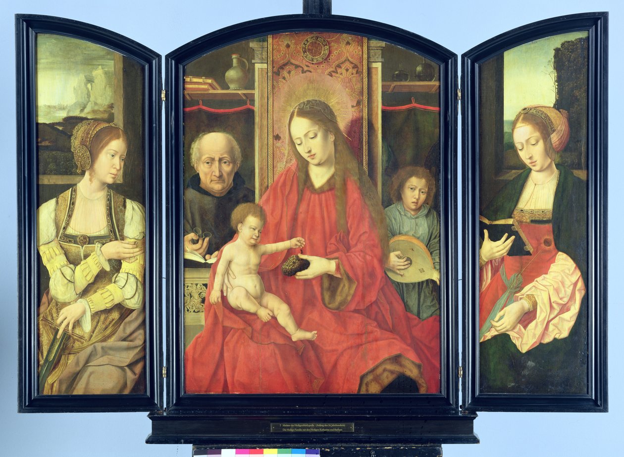La Sainte Famille avec Sainte Catherine et Sainte Barbara, triptyque - Master of the Holy Blood