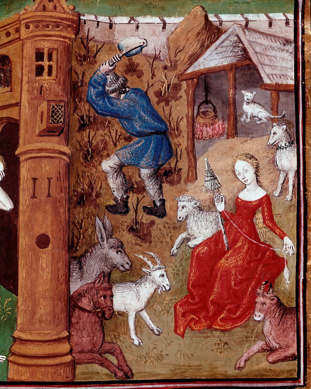 Adam cueillant la terre et Ève filant la laine après avoir été chassés du Paradis terrestre. Miniature tirée de Des cas des nobles hommes et femmes infortunés (De casibus) de Giovanni Boccaccio dit Jean Boccace (1313-1375), Italie - Master Dunois