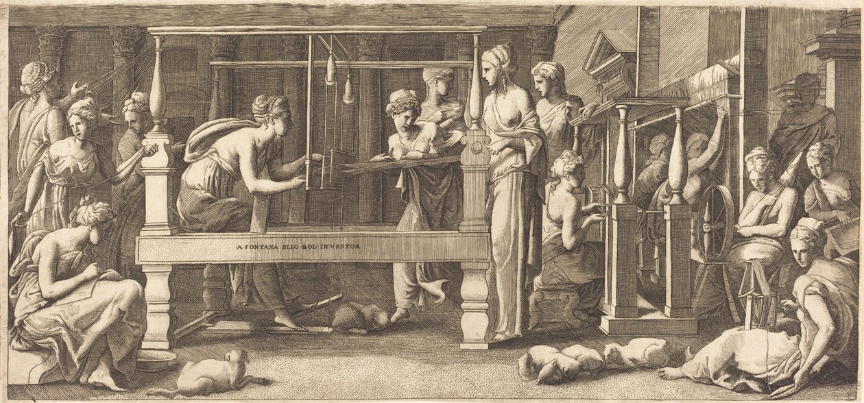 Pénélope et ses servantes tissant - Master FG, after Francesco Primaticcio