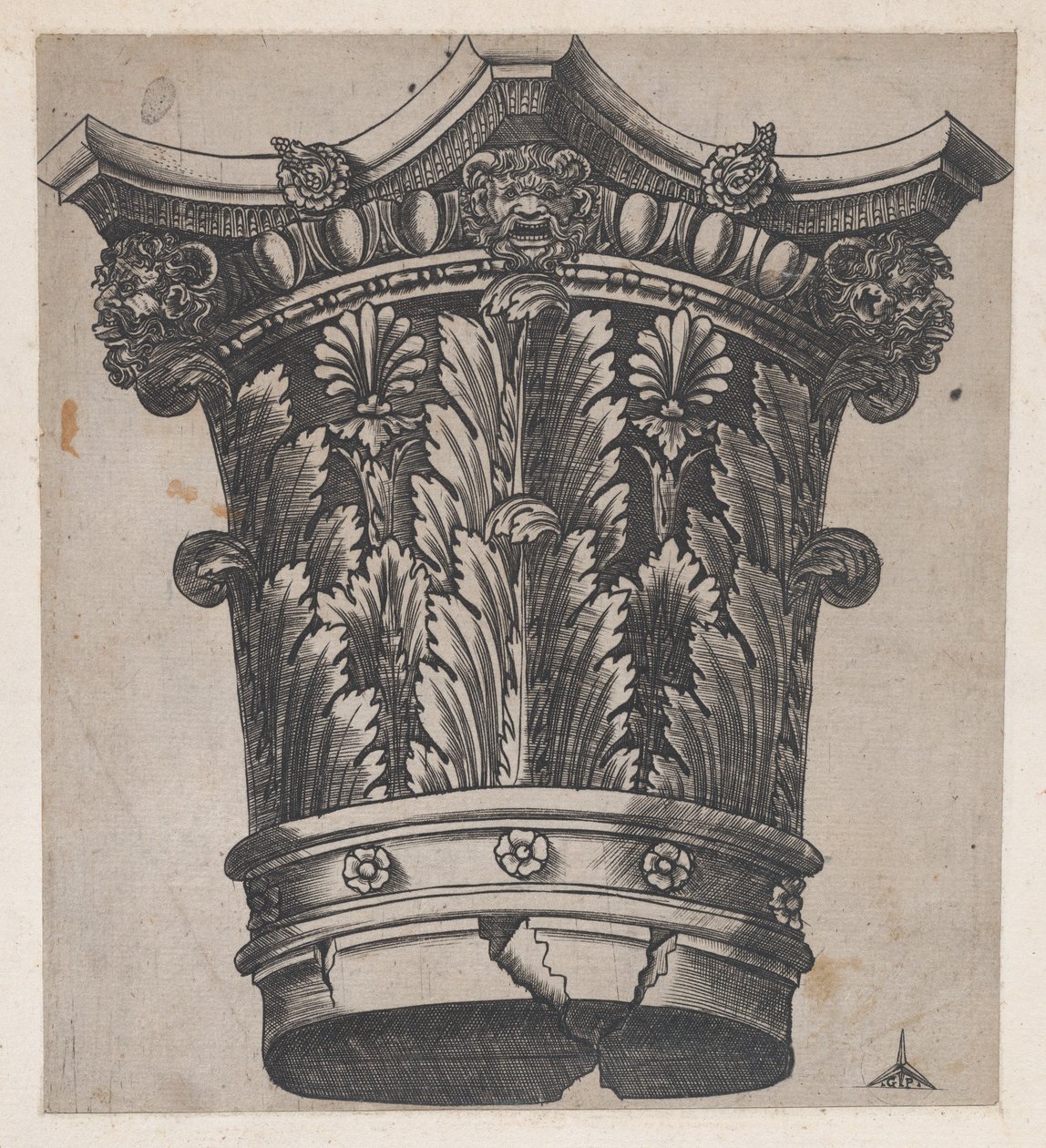 Speculum Romanae Magnificentiae: Chapiteau avec têtes et masques, vers 1537 - Master GA