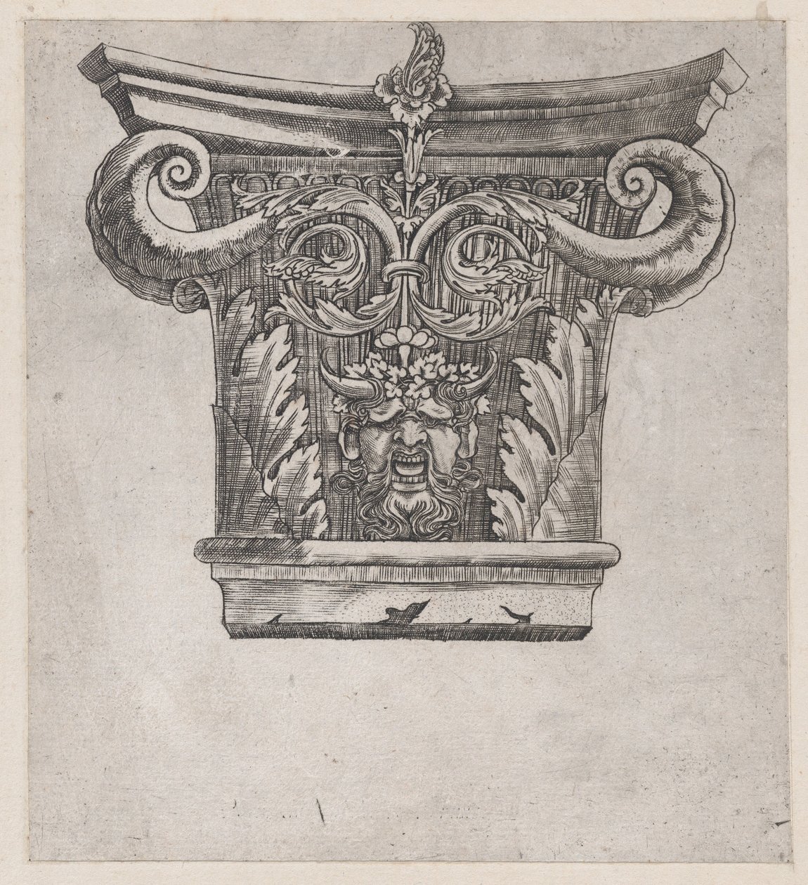 Speculum Romanae Magnificentiae: Chapiteau avec volutes de gousse de pois et tête de satyre, vers 1537 - Master GA