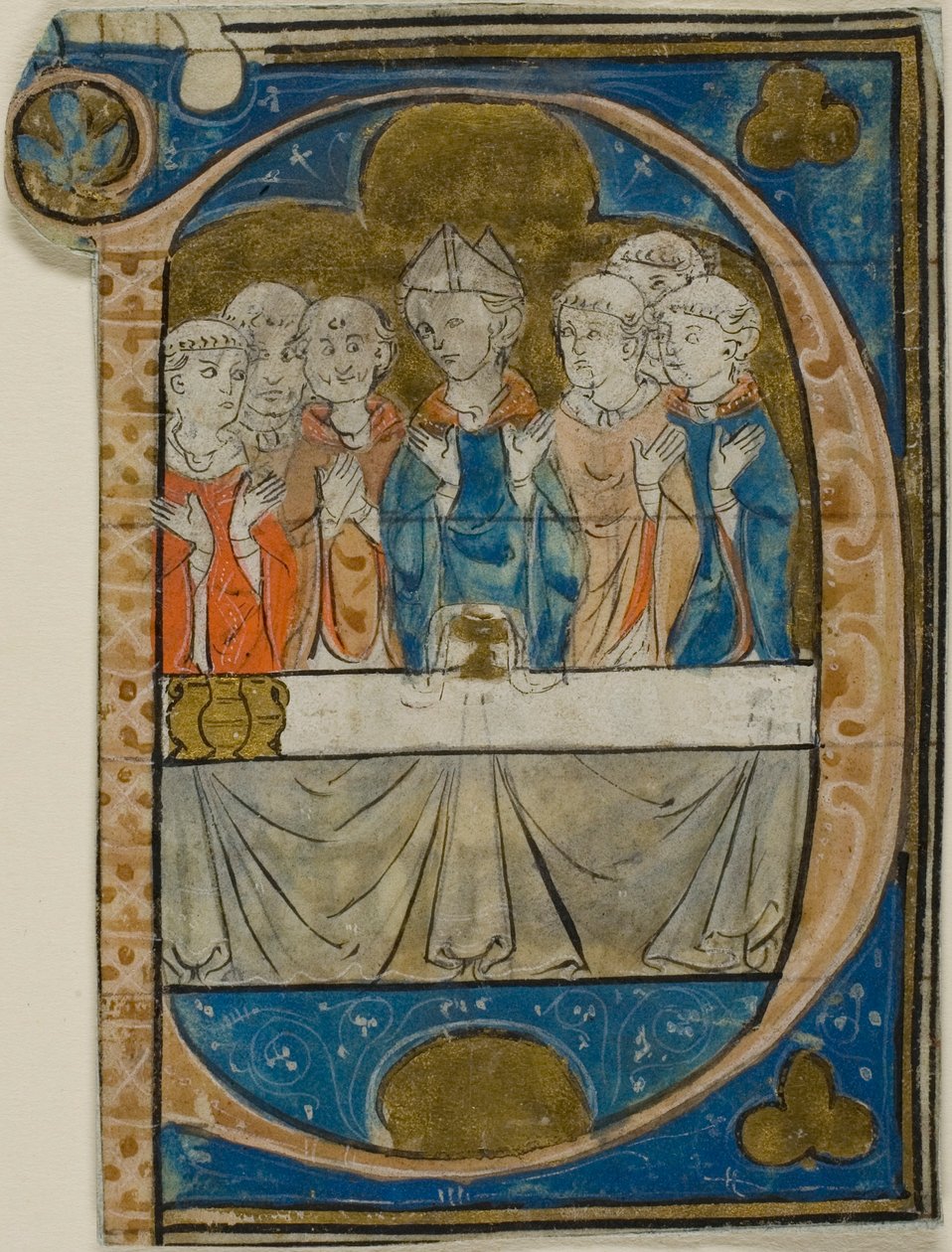 Évêque à la messe dans une initiale historiée "P" d