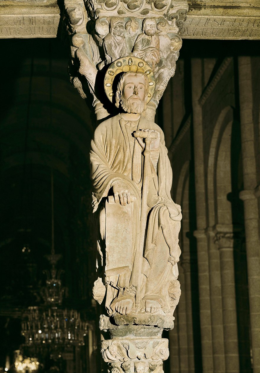 Meneau avec figure de Saint Jacques, Pórtico de la Gloria, Cathédrale de Saint-Jacques-de-Compostelle - Master Mateo