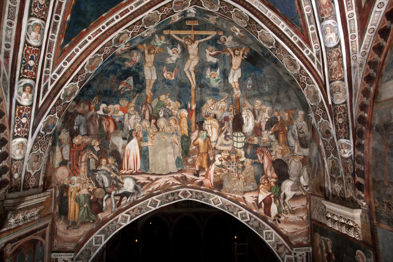 La Crucifixion. Fresque du Maître du Sacro Speco. 14e siècle. Église supérieure. Monastère de Saint Benoît (Sacro Speco), Subiaco (Rome), Italie - Master Trecentesco of Sacro Speco School
