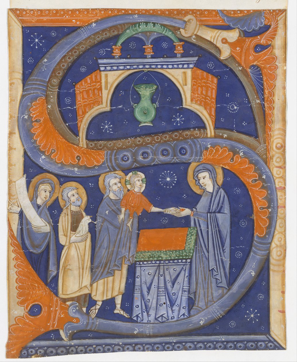 Enluminure de manuscrit avec la Présentation du Christ au Temple dans une initiale S..., vers 1278 - Master of Bagnacavallo