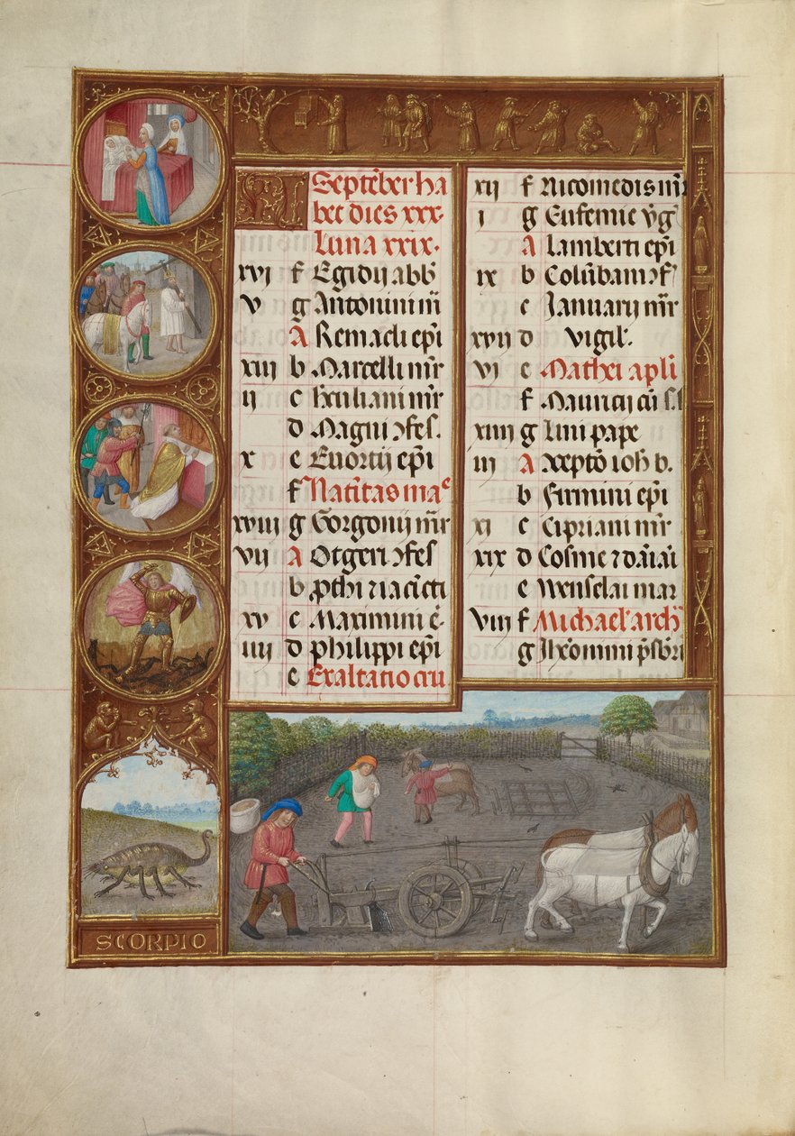 Page du calendrier de septembre ; Labour et semailles ; Scorpion - Master of James IV of Scotland