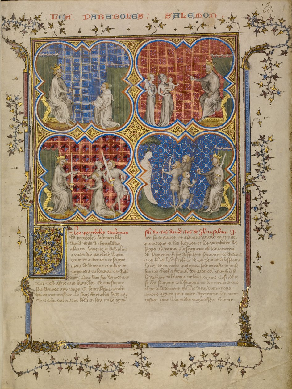 Salomon enseigne à Roboam ; le jugement de Salomon ; Salomon teste la légitimité de trois frères - Master of Jean de Mandeville