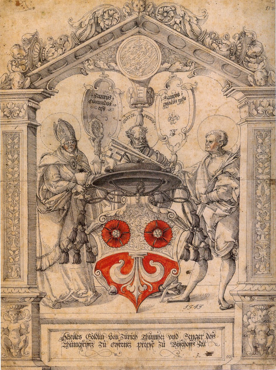 French : Fenêtre de Hercules Göldlin avec les saints Konrad, Pelagius et Petrus - Master of Messkirch