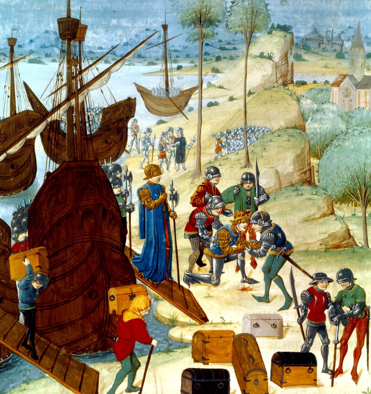Le roi Édouard III arrivant à Saint Vaast La Hogue le 12 juillet 1346, illustration des Chroniques d
