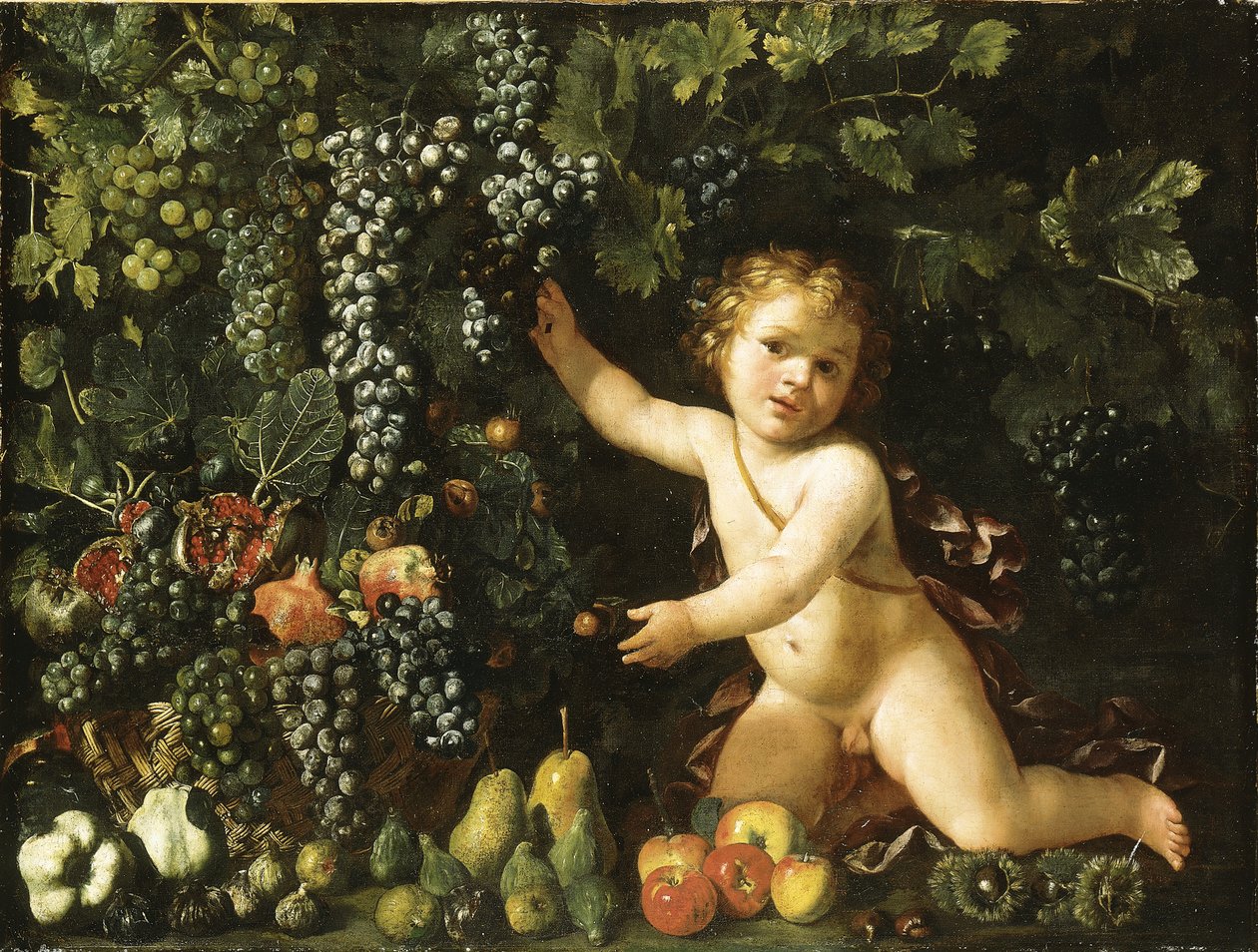 Raisins sur la vigne, grenades, raisins et cynorrhodons dans un panier, avec figues, pommes, poires et châtaignes par un putto - Master of the Acquavella Still Life