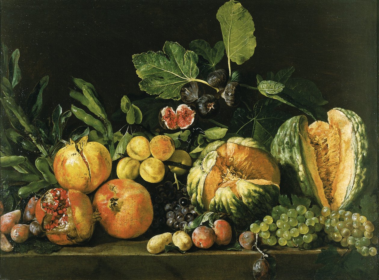 Grenades, melons, raisins, pêches, figues et autres fruits sur un rebord de pierre - Master of the Acquavella Still Life