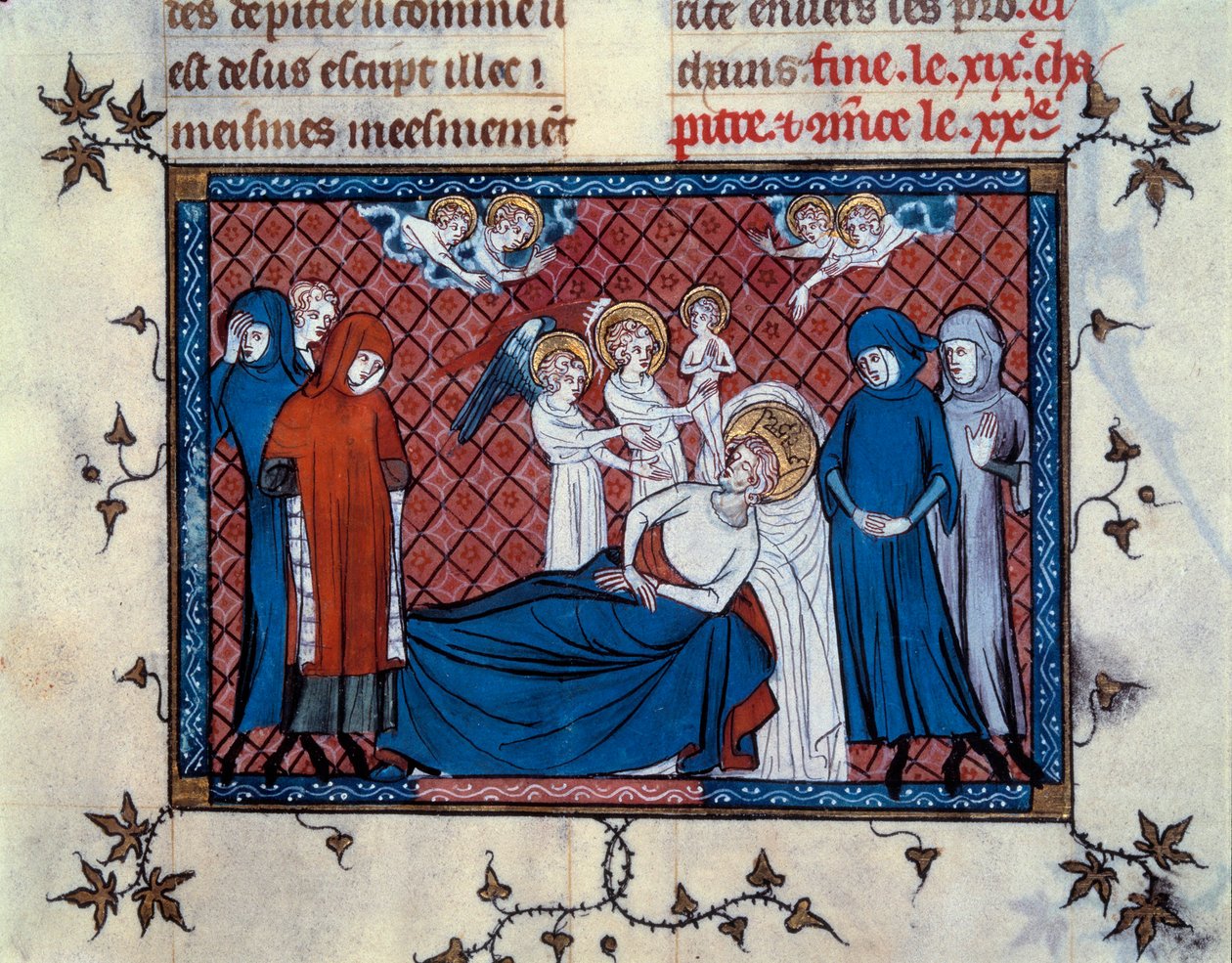 Mort de Saint Louis à Tunis le 25 août 1270. Miniature du manuscrit « Vie et miracles de Saint Louis » enluminée par Mahiet et écrite par Guillaume de Saint-Pathus - Master of the Cambrai Missal Mahiet