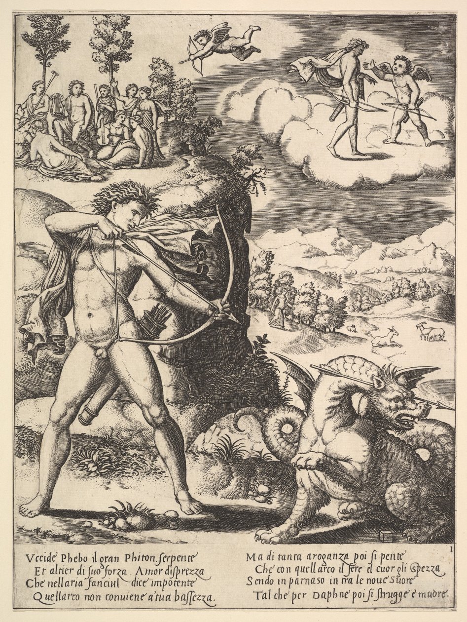 Apollon debout à gauche tirant une flèche sur un python, en haut à gauche la muse... - Master of the Die