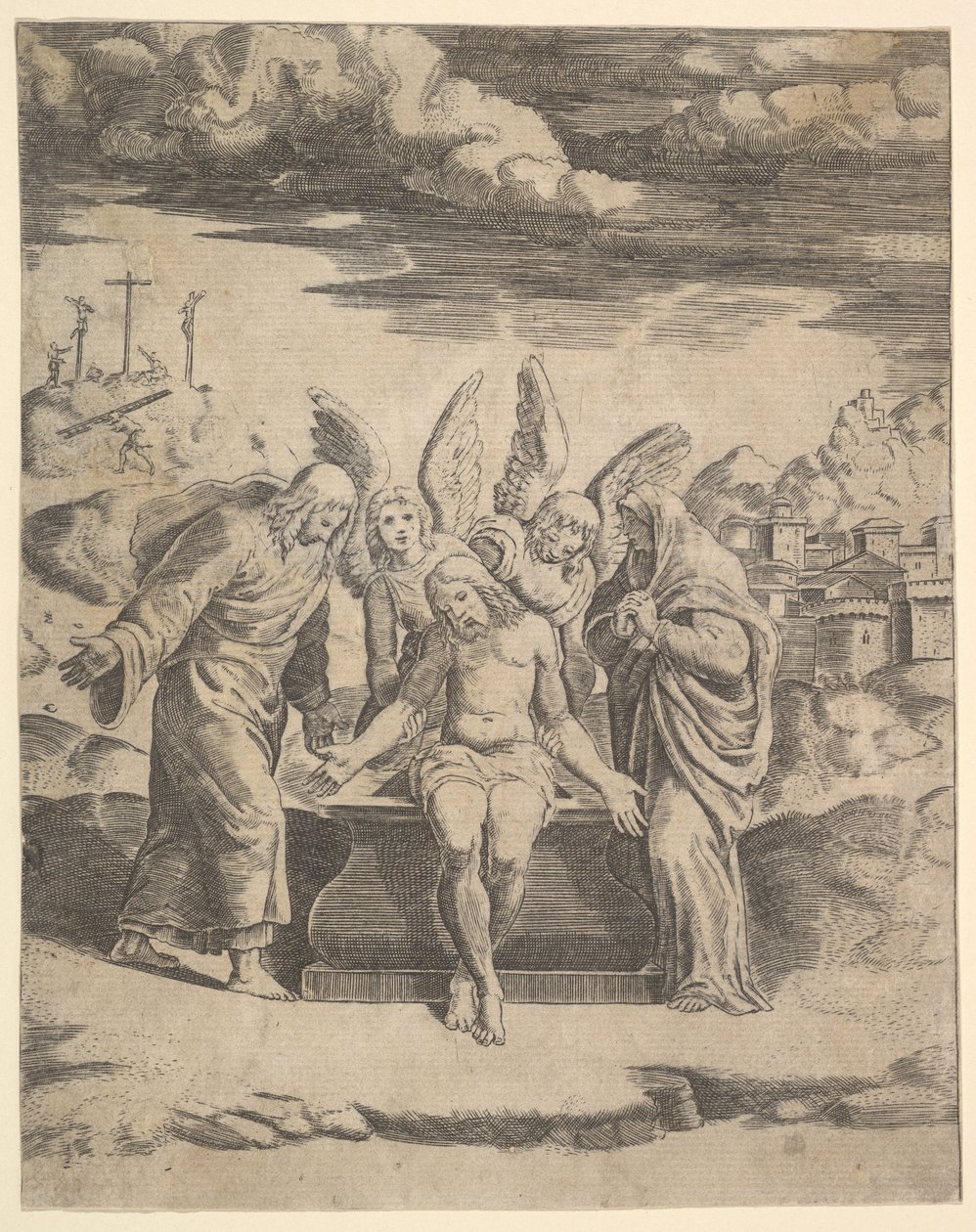 Christ assis sur le tombeau soutenu par des anges, 1530-60 - Master of the Die