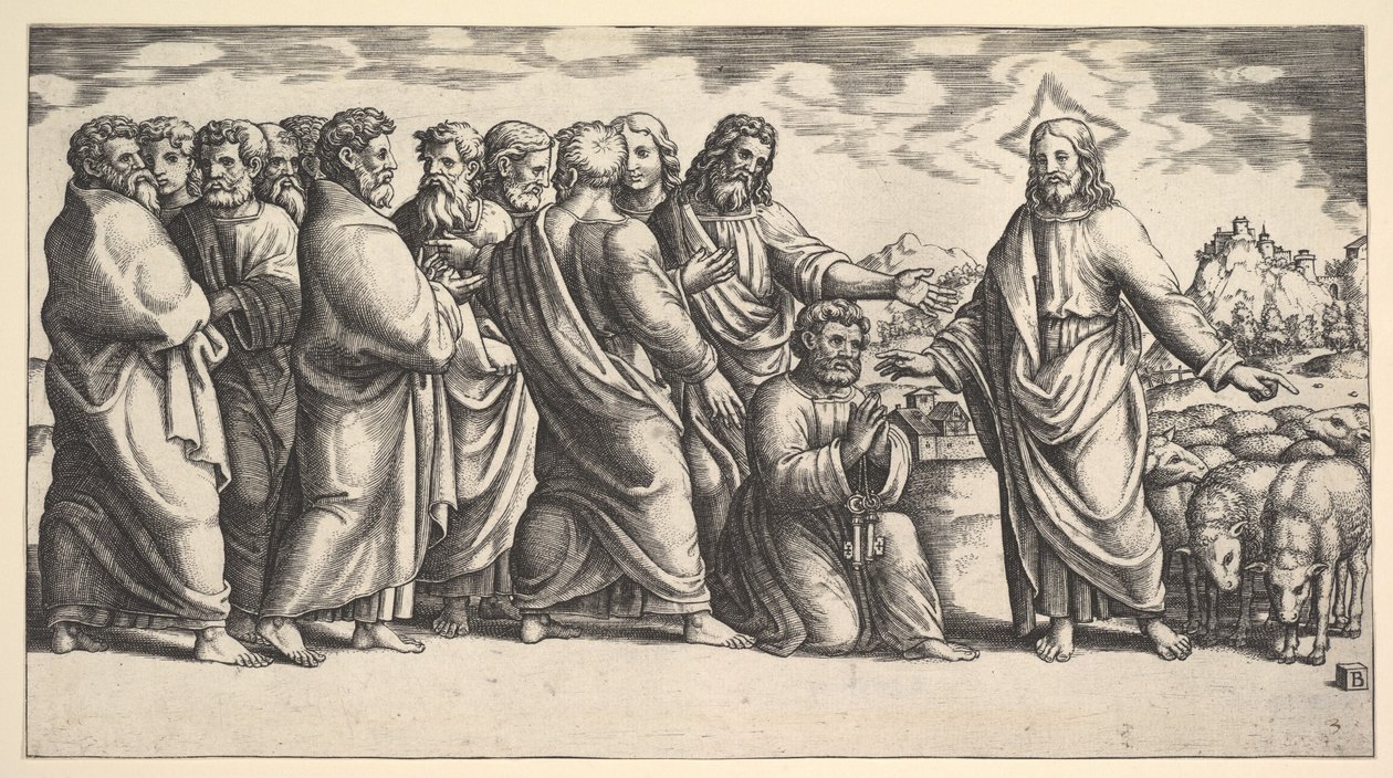 Christ indiquant à un troupeau de moutons, devant lui Saint Pierre à genoux - Master of the Die