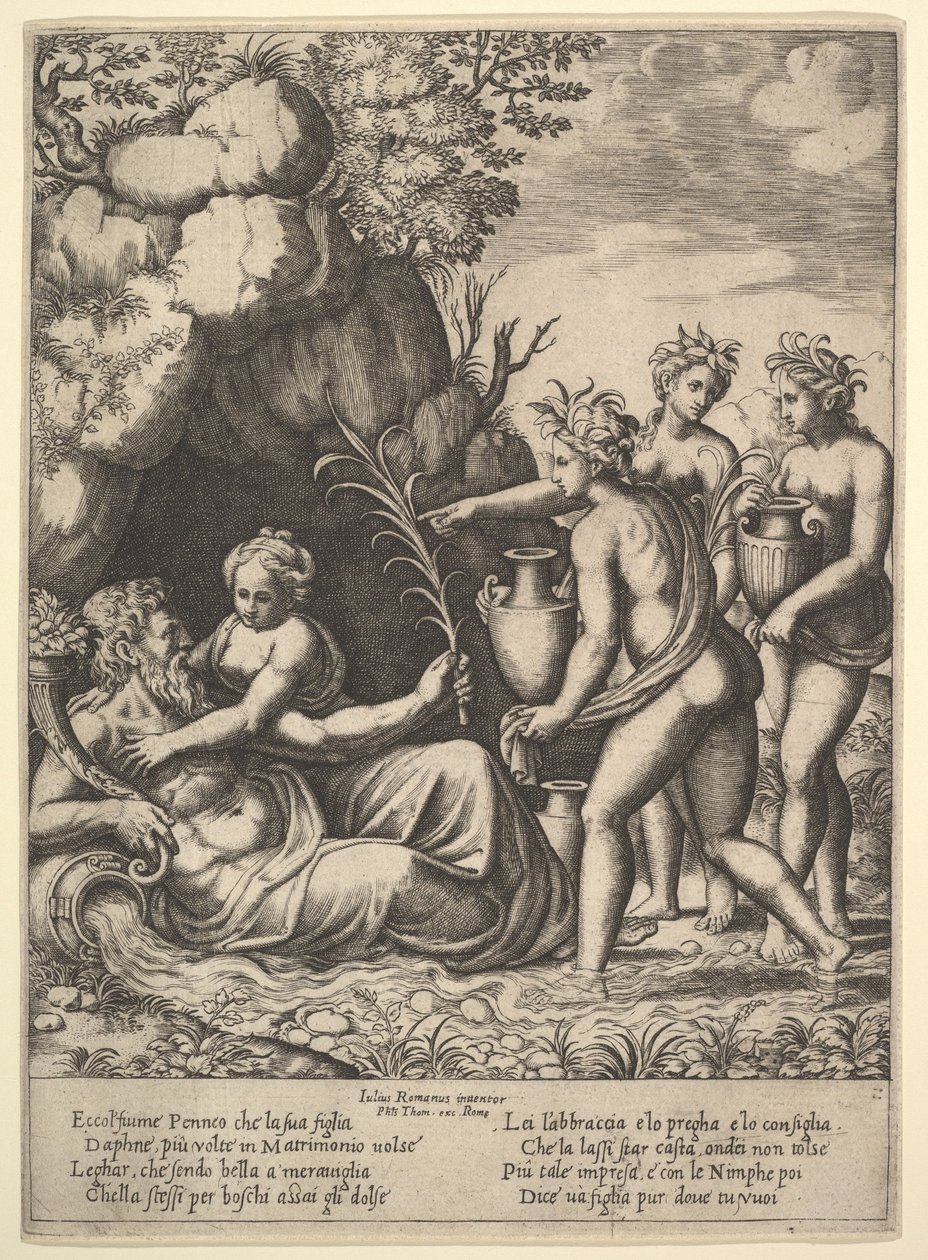 Daphné embrassant son père, le dieu-fleuve Pénée, à gauche trois nymphes apportent des jarres - Master of the Die