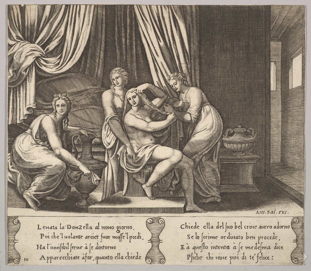Planche 10 : nymphes aidant Psyché à coiffer ses cheveux, de 
