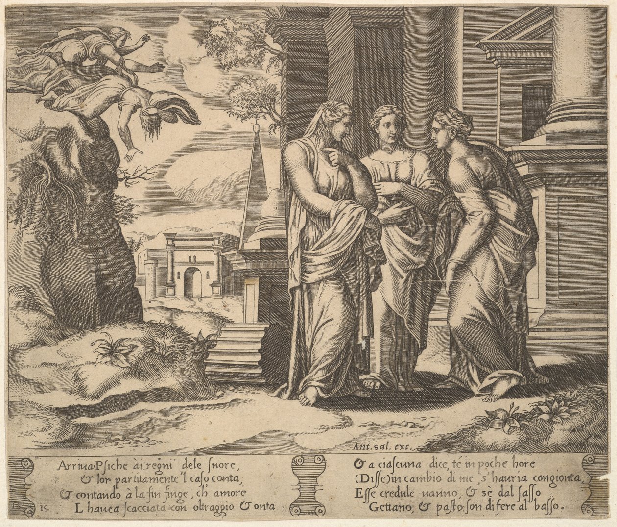 Planche 15 : Psyché racontant ses malheurs à ses sœurs, de La Fable de Psyché, 1530-60 - Master of the Die