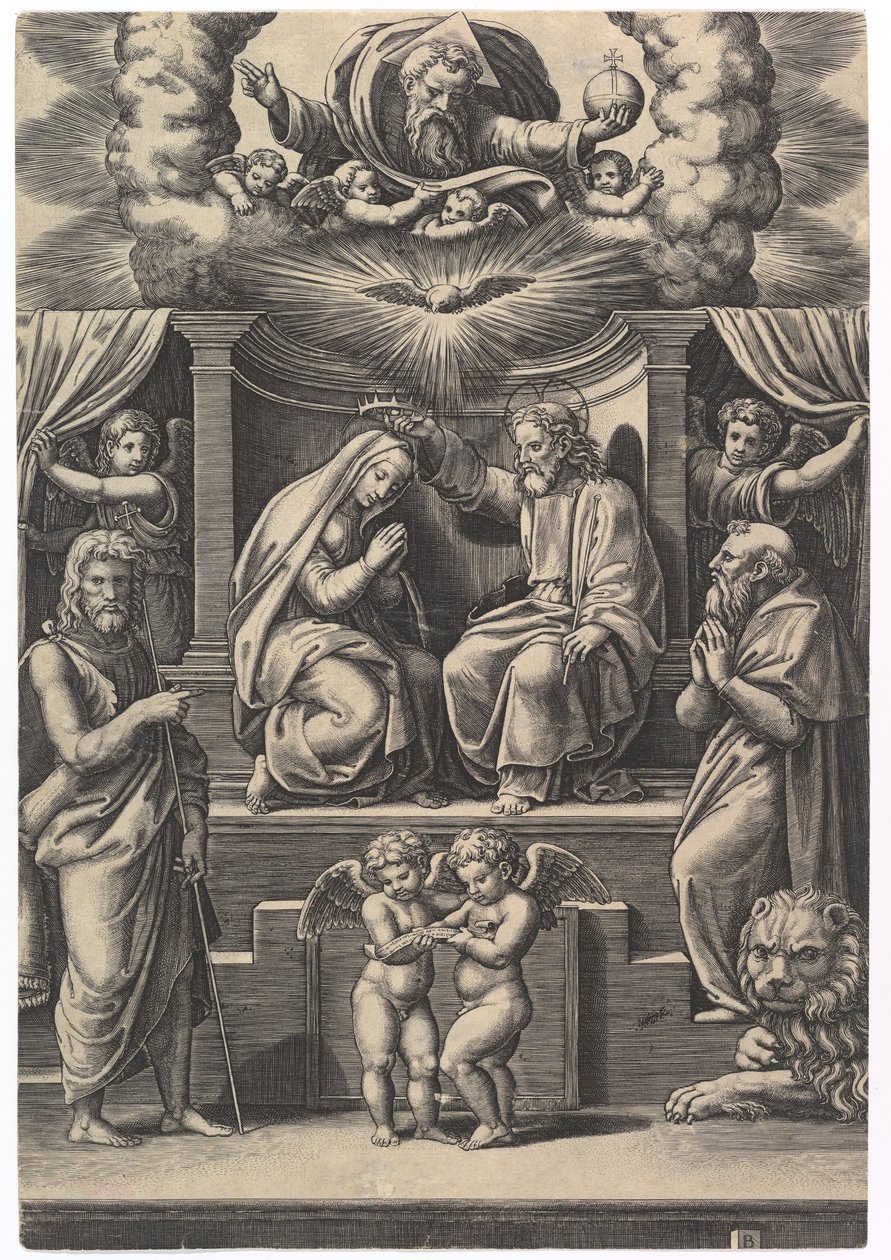 Le Couronnement de la Vierge, en bas à gauche se tient Saint Jean-Baptiste, en bas à droite..., 1530-60 - Master of the Die