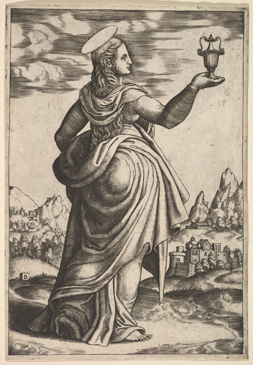 La Madeleine debout face à droite, pot tenu dans sa main droite levée, 1530-60 - Master of the Die