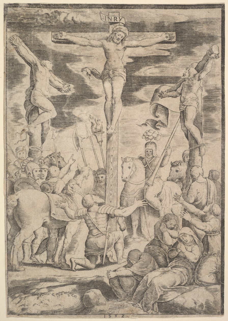 La conversion du centurion qui ouvre les bras devant le Christ sur la croix, 1532 - Master of the Die