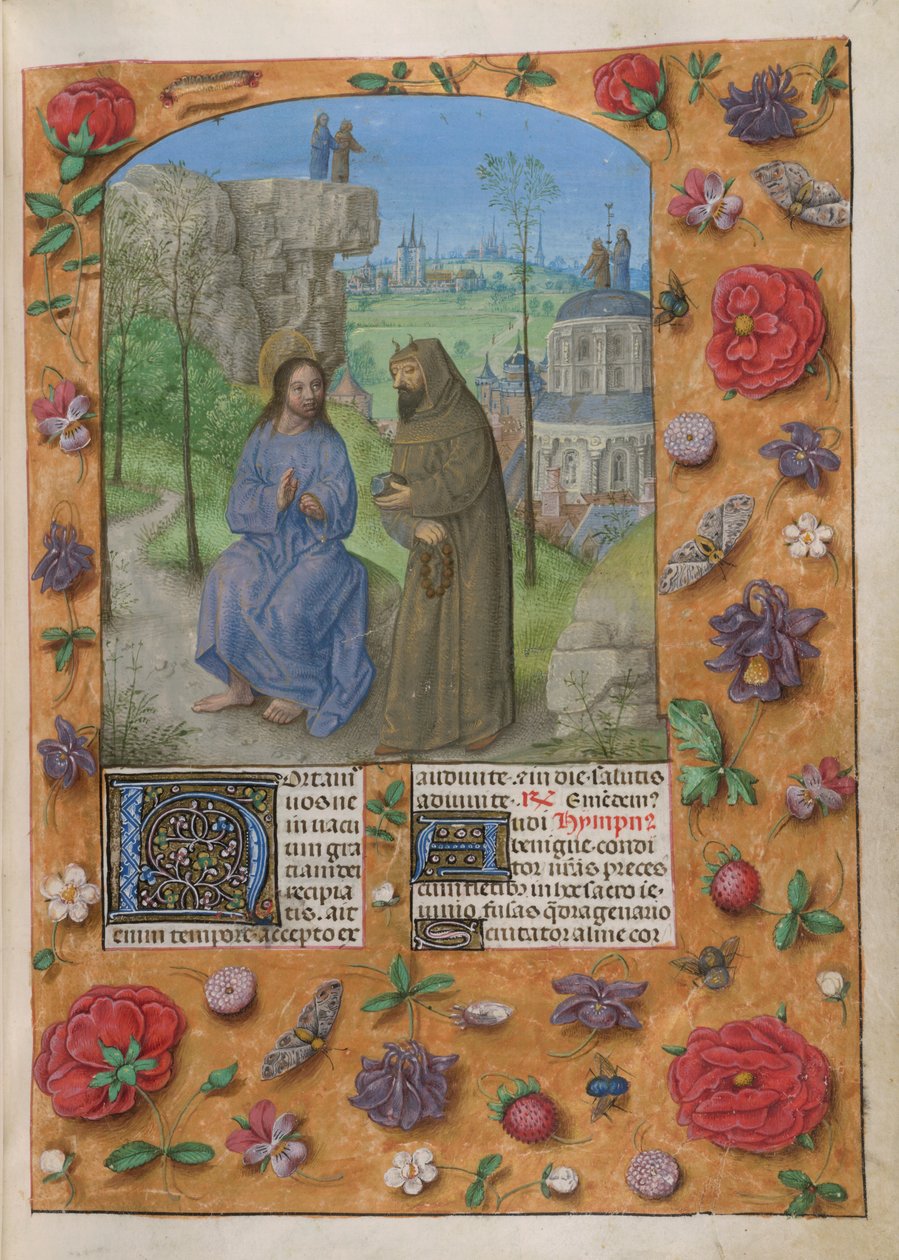La Tentation du Christ. Temporale ; Carême 1. Le Christ avec le diable, habillé en moine, tenant une pierre. Derrière, les autres tentations ; le Christ et le diable sur un rocher, et sur le dôme du Temple. Texte avec initiale décorée 
