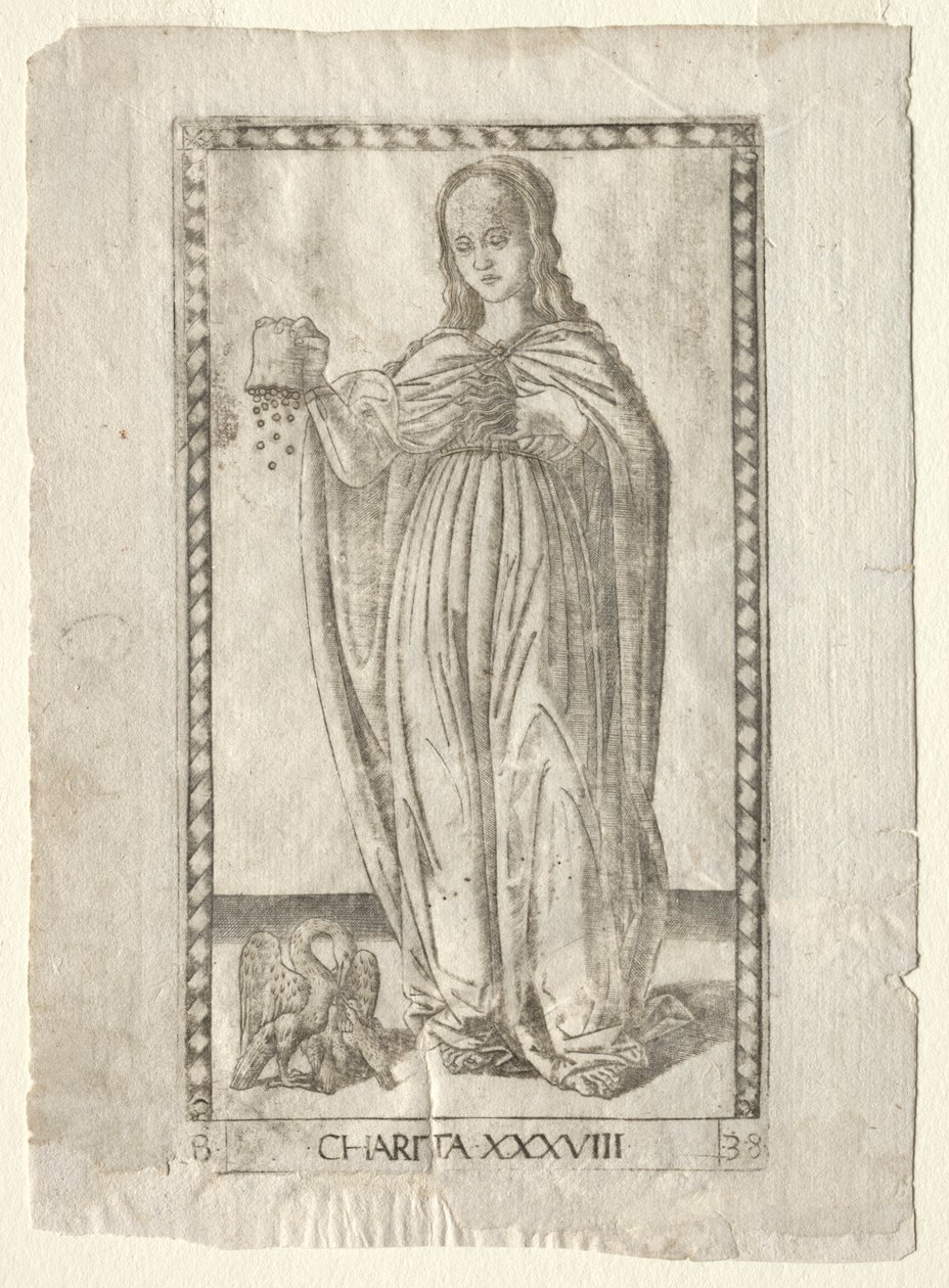 Charité de la série Tarocchi, série B : Principes cosmiques et vertus, #38, avant 1467 - Master of the E Series Tarocchi