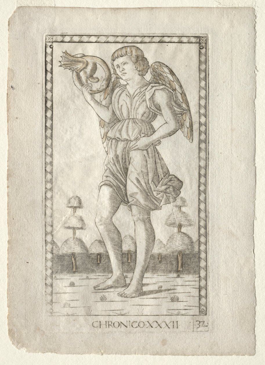 Génie du Temps de la série Tarocchi, série B : Principes cosmiques et vertus, #32, avant 1467 - Master of the E-Series Tarocchi