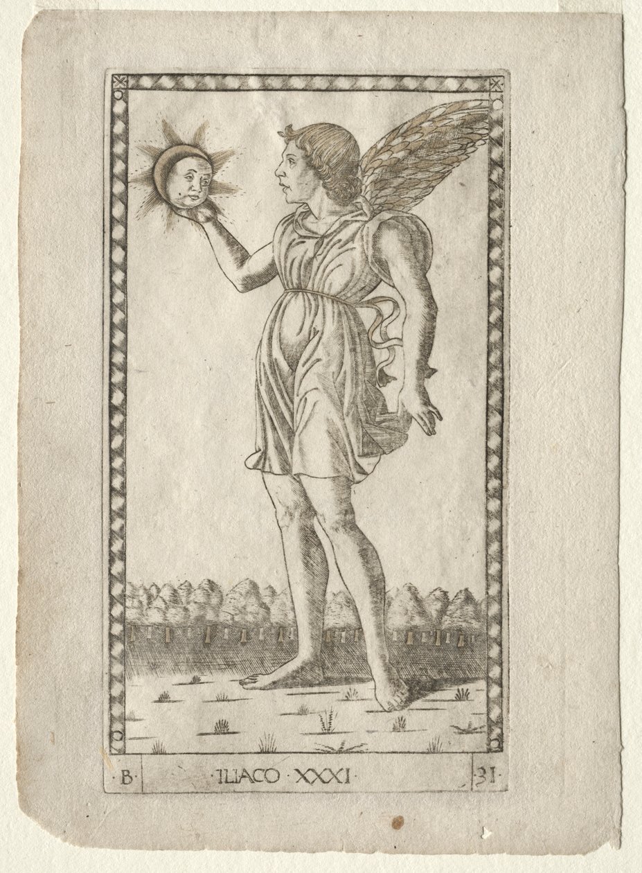 Génie du Soleil de la série Tarocchi, série B : Principes cosmiques et vertus, #31, avant 1467 - Master of the E Series Tarocchi