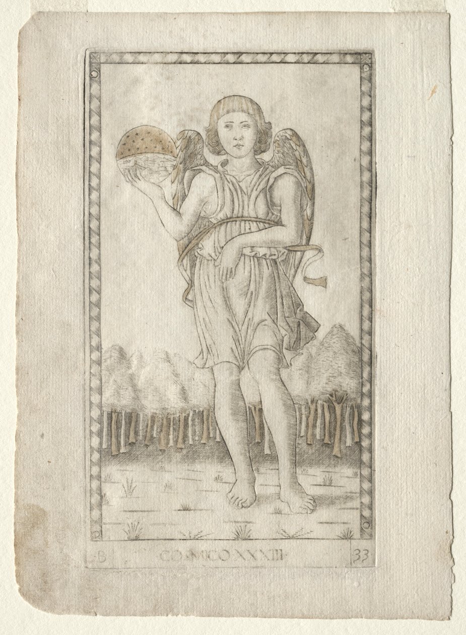 Génie du Monde de la série Tarocchi, série B : Principes cosmiques et vertus, #33, avant 1467 - Master of the E Series Tarocchi