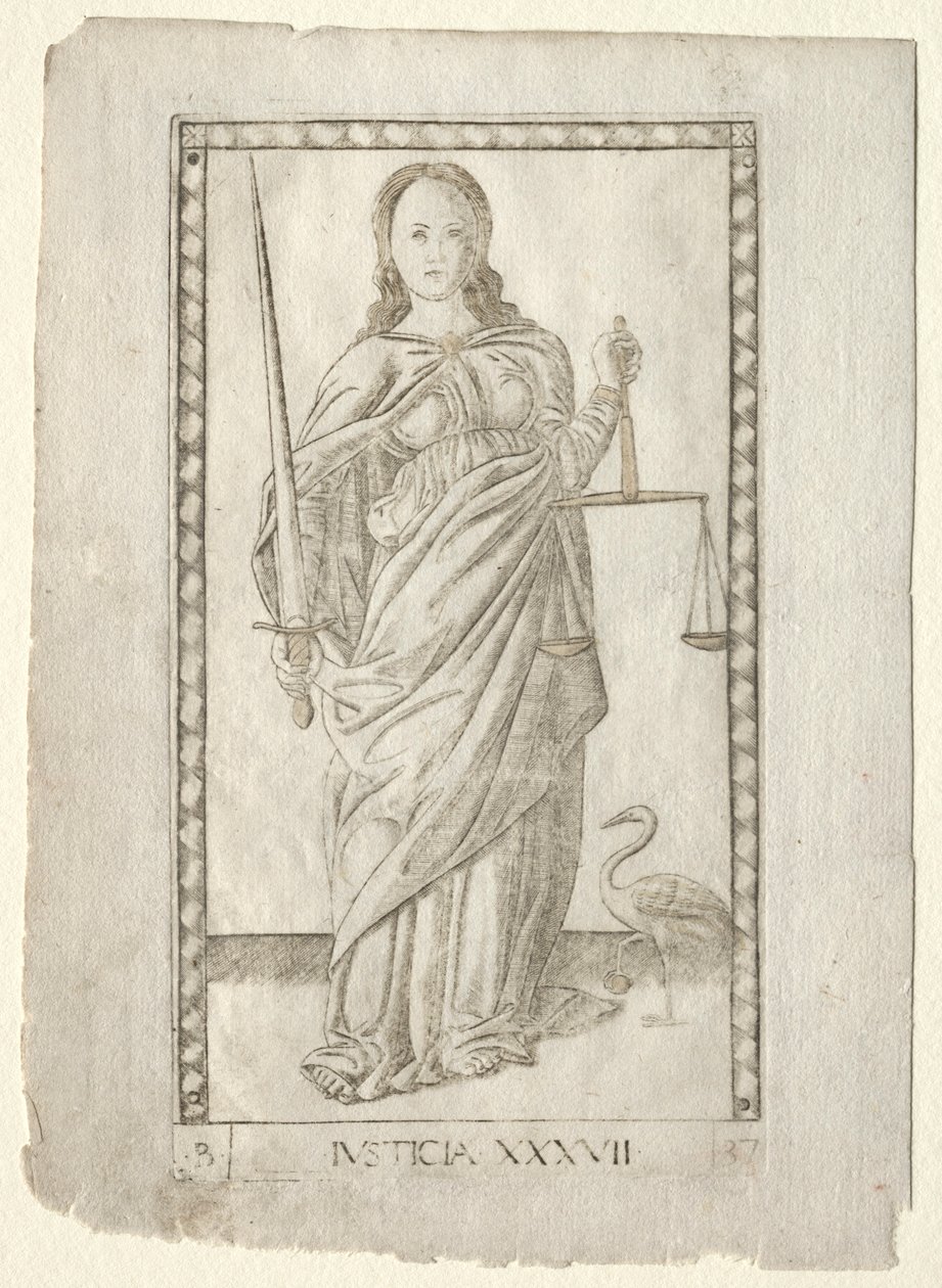 Justice de la série Tarocchi, série B : Principes cosmiques et vertus, #37, avant 1467 - Master of the E Series Tarocchi