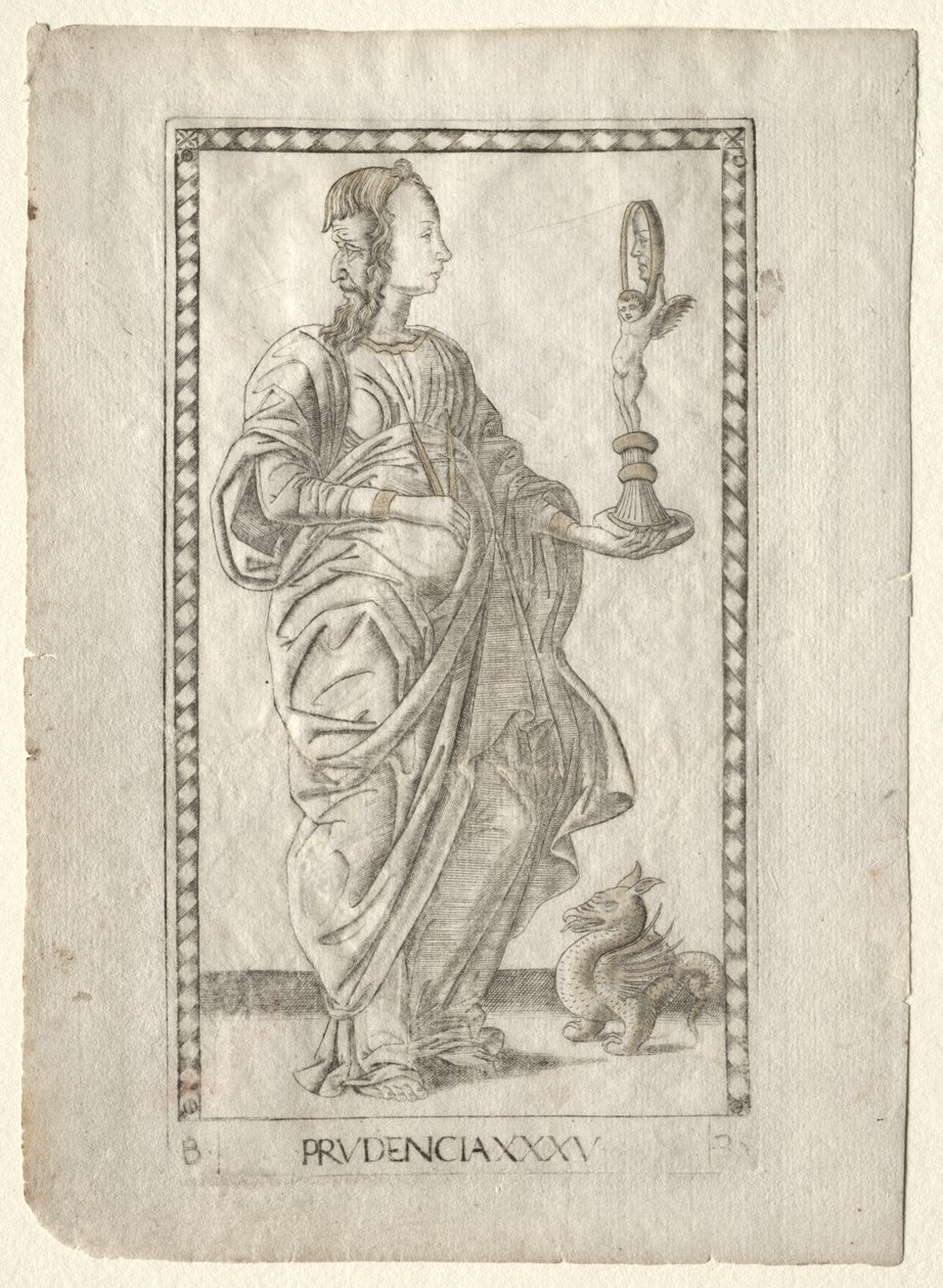 Prudence du Tarocchi, série B : Principes cosmiques et vertus, #35, avant 1467 - Master of the E Series Tarocchi