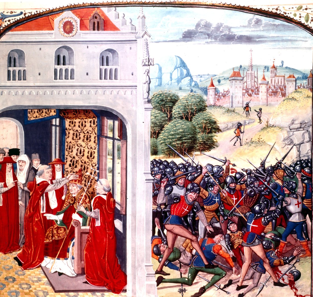 Consécration du Pape Grégoire IX à Avignon France (pontificat en 1227-1241) par Jean Froissart (vélin) - Master of the Harley Froissart