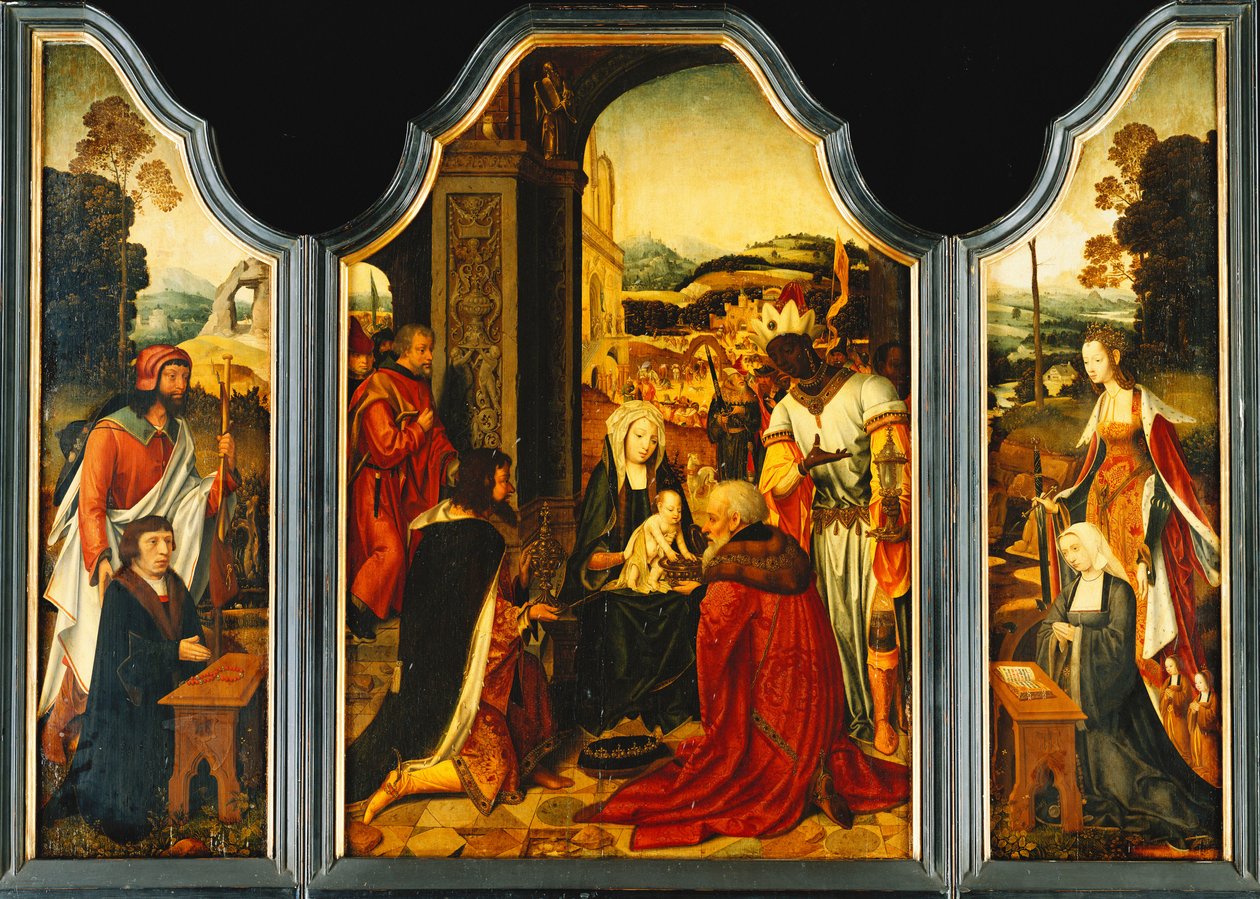 Triptyque : Adoration des Mages, avec Saint Jacques présentant le donateur et Sainte Catherine d