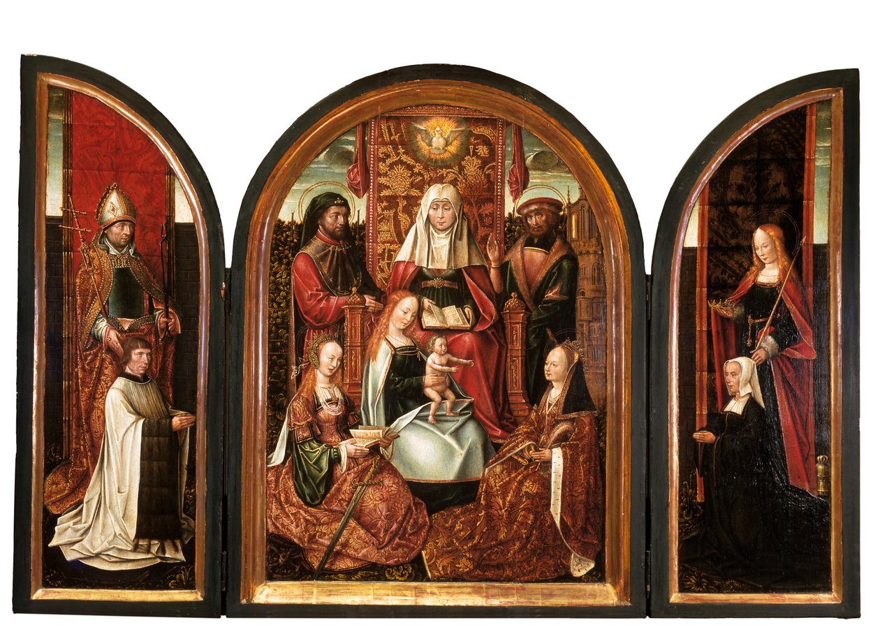 Un chanoine avec Saint Livinus (aile gauche), La famille de Sainte Anne (panneau central), Donateur avec Sainte Élisabeth (aile droite), L