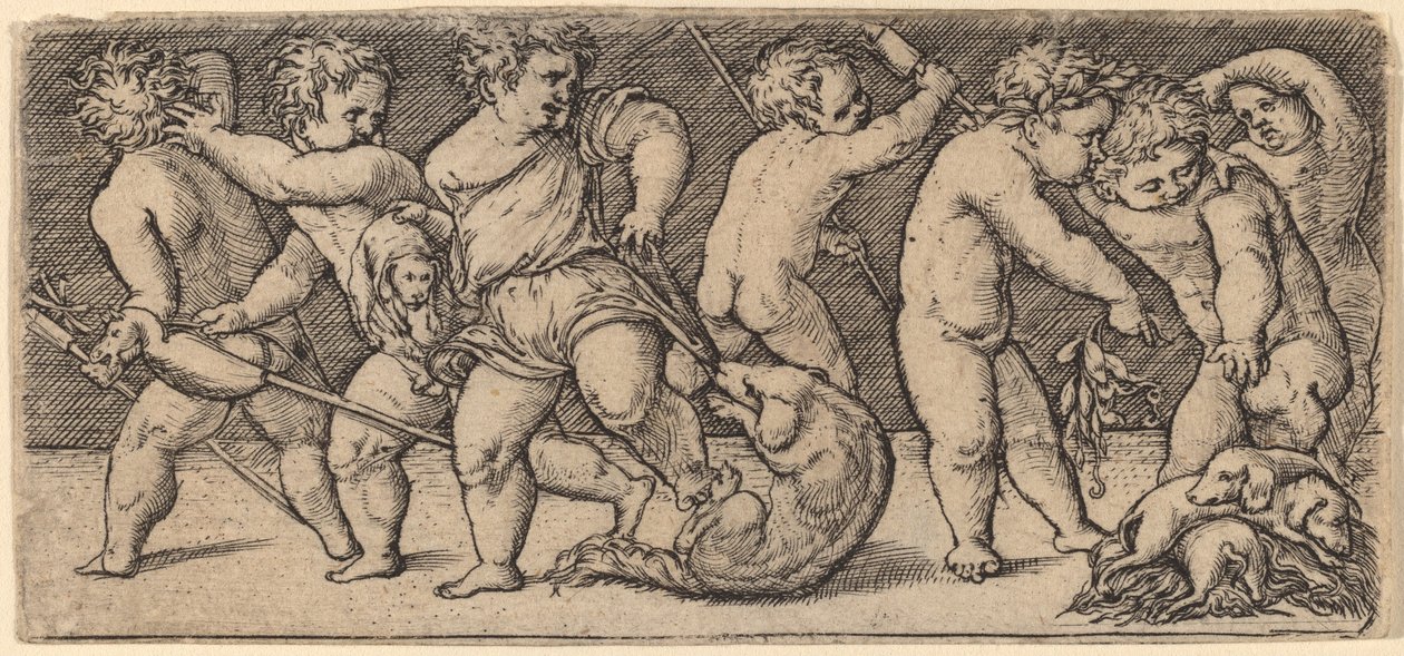 Enfants jouant avec une chienne et trois jeunes chiens - Master of the Horse Heads