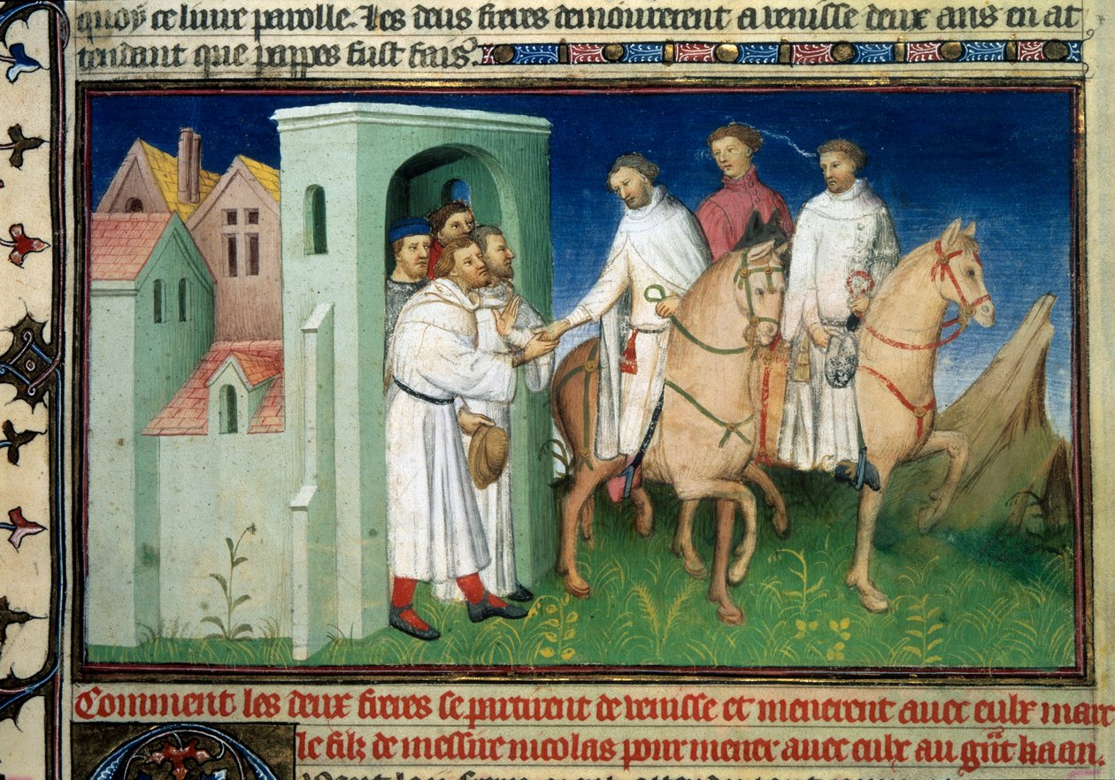 Matteo et Niccolo, les frères Polo quittant Venise. Miniature tirée du Livre des Merveilles par Marco Polo (1254-1324) enluminée par le Maître de Mazarine, vers 1410-1412. BN, Paris - Master of the Mazarine