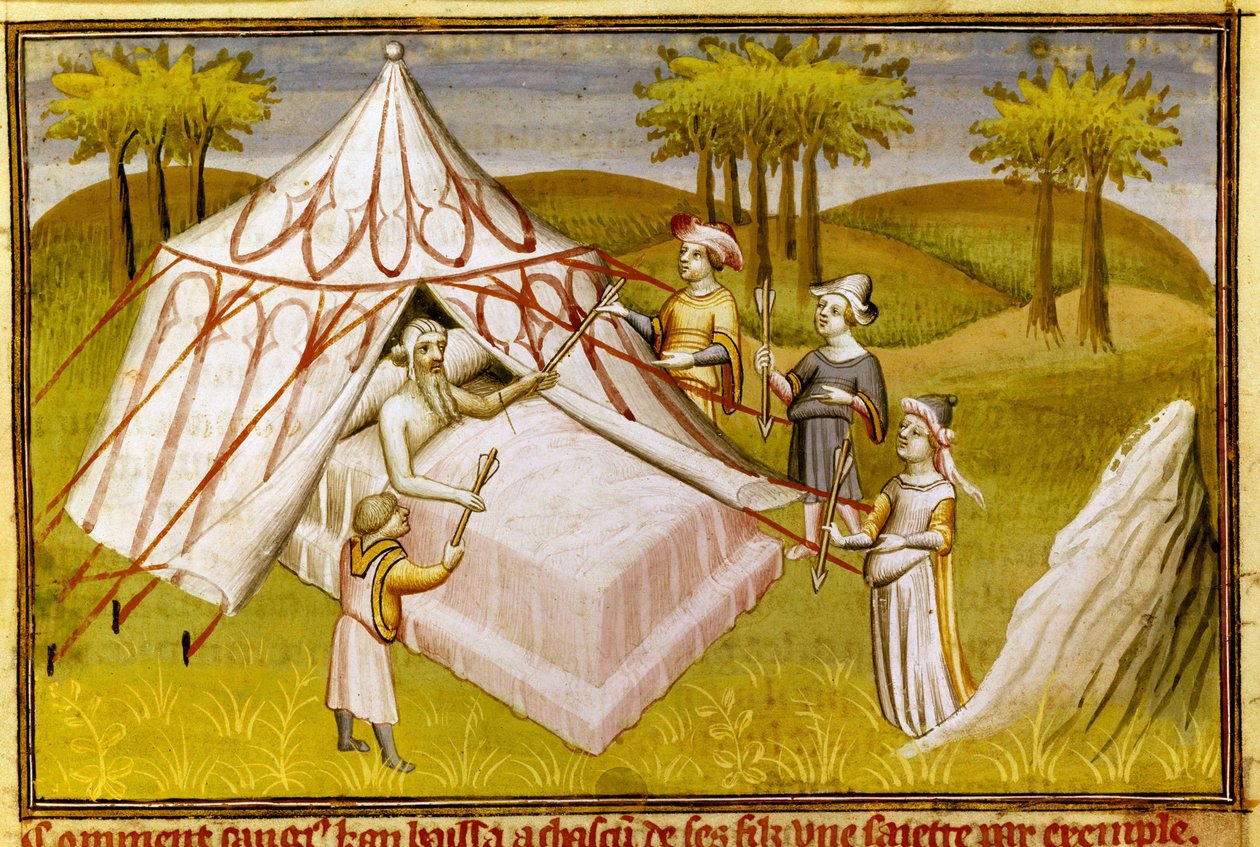 Le chef mongol Gengis Khan sur son lit de mort donnant ses dernières recommandations à ses fils, c.1410 (miniature) - Master of the Mazarine