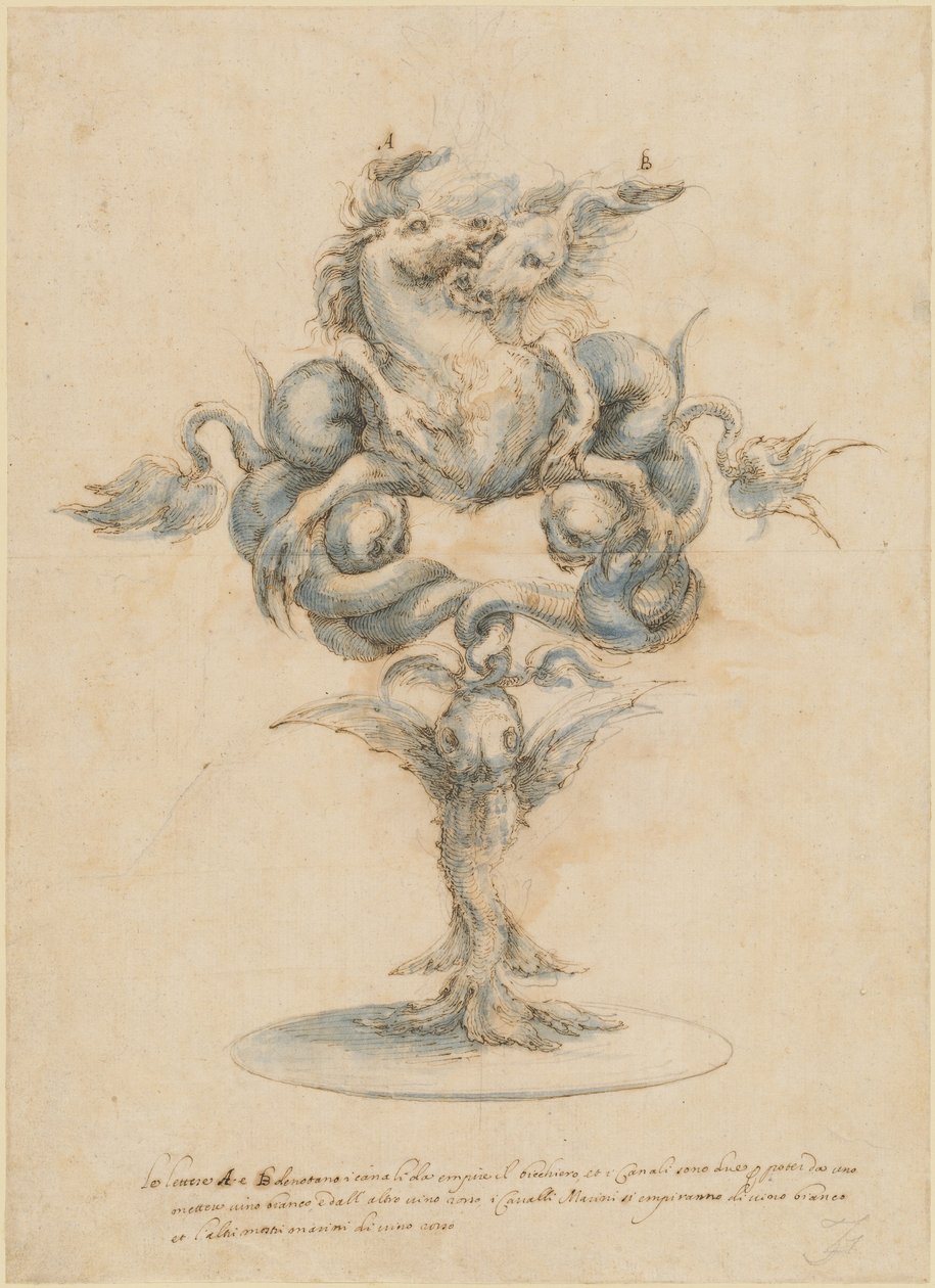Une carafe à vin avec deux hippocampes combattants - Master of the Medici Banquet Decanters