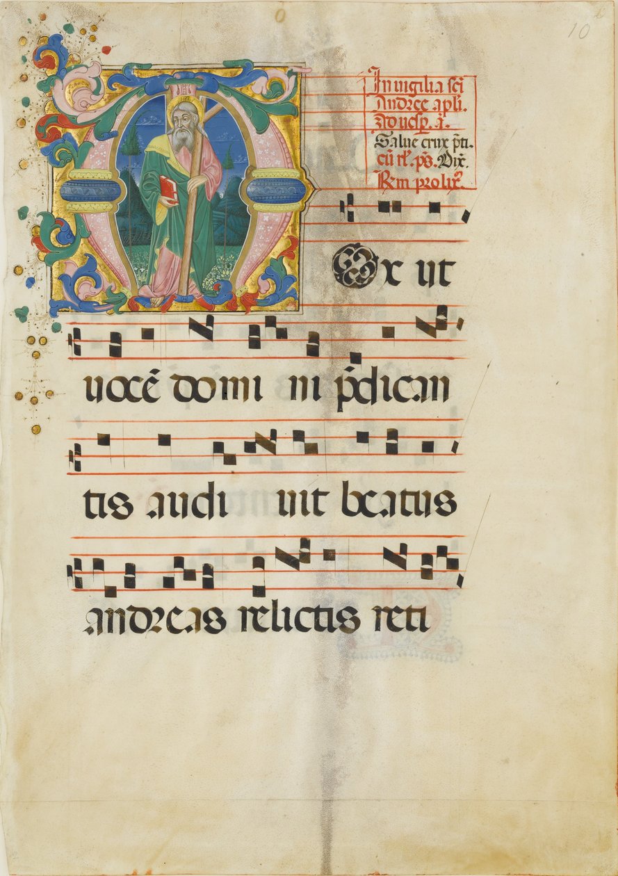 Feuille de manuscrit avec la fête de Saint André dans une initiale M ..., seconde moitié du XVe siècle - Master of the Riccardiana Lactantius